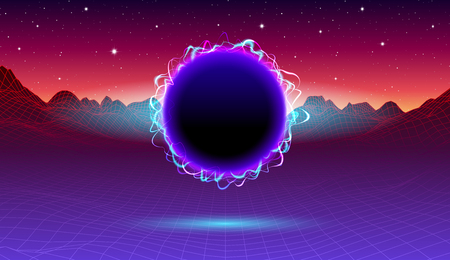 80s synthwave styled landscape with blue portal or black electric hole and grid mountains on arcade space planetのイラスト素材