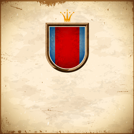 Aged card with vintage shield label with golden crownの写真素材