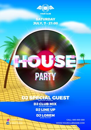 Beach party poster for clubbing dance event with 80s retro or synth wave style, digital dunes and palm treesのイラスト素材