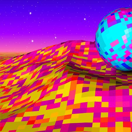 Abstract landscape with colorful vibrant mountains and blue ball in 80s neon color style and starry sky on the backgroundのイラスト素材