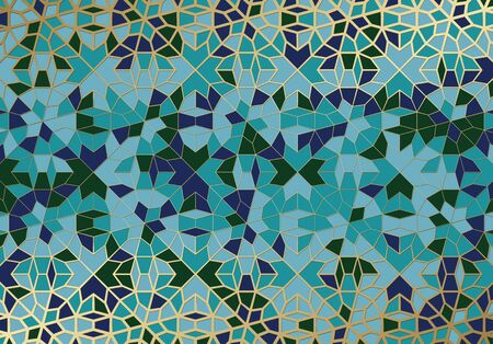 Abstract background with islamic ornament, arabic geometric texture. Golden lined tiled motif over colored background with stained glass style.のイラスト素材