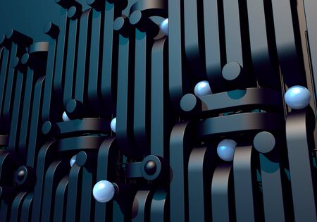 Abstract background with black square pipes and shiny metal ball. 3D illustrationの写真素材