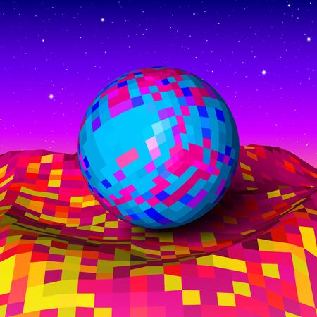 Abstract landscape with colorful vibrant mountains and blue ball in 80s neon color style and starry sky on the backgroundのイラスト素材