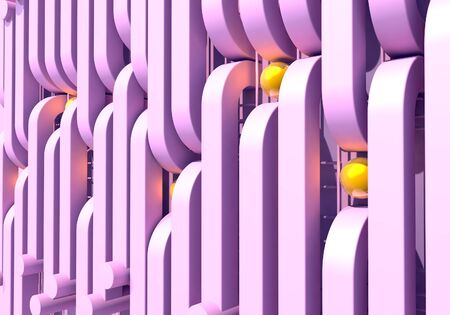 Abstract background with pink square pipes and shiny golden balls. 3D illustration