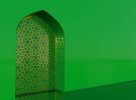 Golden arabic ornament on the green wall with islamic door. 3D illustrationの写真素材