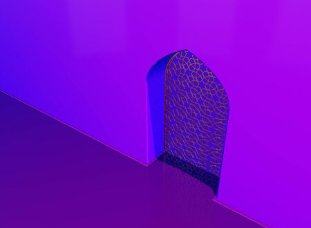 Golden arabic ornament on the purple wall with islamic door. 3D illustrationの写真素材