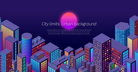 Background city view with sun and isometric perspective with vibrant shiny neon colorsのイラスト素材