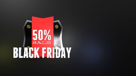 Black friday 50 percent sale label with ribbon and badge or tag for flyers and discount advertising banners. 3D illustrationの写真素材
