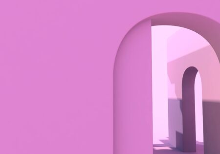 Abstract surreal pink architectural forms with arches for background. 3D illustration