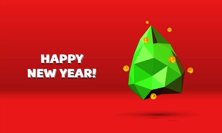 Christmas card with abstract green low poly Christmas tree and golden baubles on red background.のイラスト素材