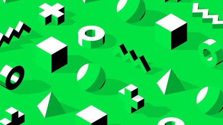 Abstract isometric 3D shapes with contrast shadows on simple green monochrome backgroundのイラスト素材