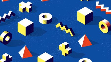 Abstract isometric 3D shapes with contrast shadows and dotwork texture on blue background
