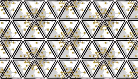 Abstract 3D background with fantasy luxury seamless pattern of black and white triangular polygons and golden spheres. 3D illustrationの写真素材