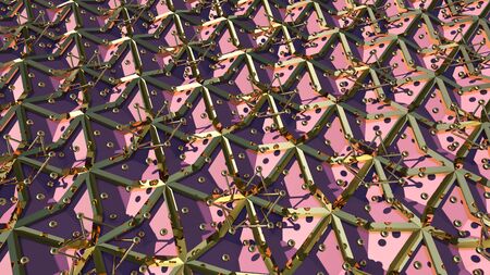 Abstract 3D background with fantasy luxury pattern of pink triangular polygons and golden spheres....