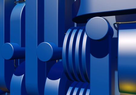Blue industrial or technology abstraction with shiny golden balls and connection pipes. 3D illustrationの写真素材