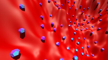 Abstract background with chaotic polygonal shapes spread over the vibrant colorful landscape. 3D...
