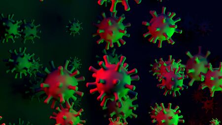 Coronavirus COVID-19 3D illustration with red and green contagious virus cells on abstract dark scientific background for news header. 3D illustrationの写真素材