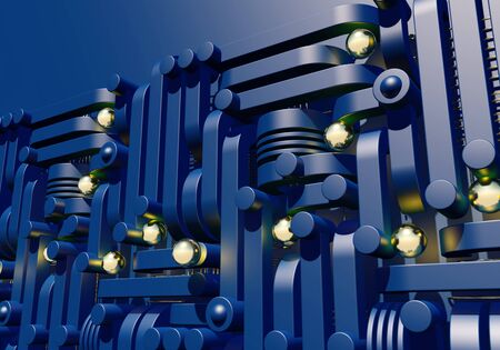 Blue industrial or technology abstraction with shiny golden balls and connection pipes. 3D...