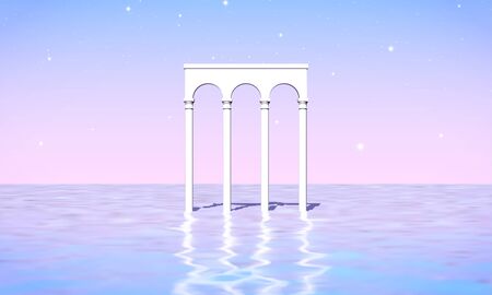 Aesthetic landscape with colonnade of white pillars in surreal sea. 90s or 80s styled vaporwave background with pastel pink and blue sunset colorsのイラスト素材