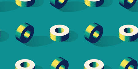 Seamless pattern with donut or torus shape on green background in modern dotted texture style