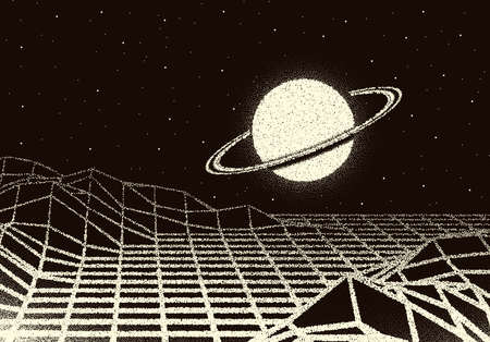 Retro dotwork landscape with 80s styled laser grid, planet with rings and stars on the background from old sci-fi book or posterのイラスト素材
