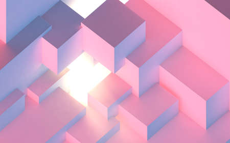 Abstract architectural vaporwave background with cube construction in pink and blue lights stage and...