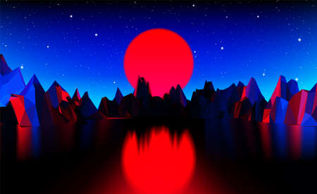 Retro 80s styled futuristic landscape with red neon sun over the horizon and polygonal shiny grid...