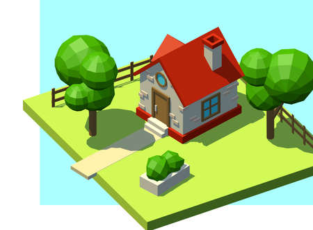 Isometric house with red roof and chimney in suburb or on rural landscape for real estate or vacation businessのイラスト素材