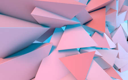 Abstract background with 3D shapes flying in pink and blue light as a messy array or chaotic structure for any pastel backdropの写真素材