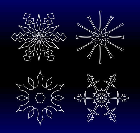 Set of beautiful filigree drawn snowflake silhouettes for Xmas celebration. Sign or emblem of the snow for Christmas holidays.のイラスト素材