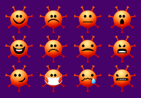 Set of coronavirus themed emoji with smiling and angry virus covid-19. Halloween edition with orange spooky smiley and mask.のイラスト素材