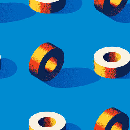 Seamless pattern with donut or torus shape on blue background in modern dotted texture style