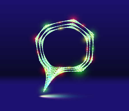 Abstract speech bubble neon icon with shiny 80s synthwave styled lines on blue backgroundのイラスト素材