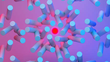 Scientific or technology abstractions with canes, sticks or rods flying in surreal symmetric...