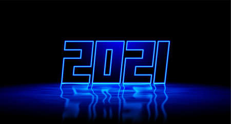 2021 New Year blue neon sign with shiny 3D digits and realistic reflection on wet floor. 2021 New...