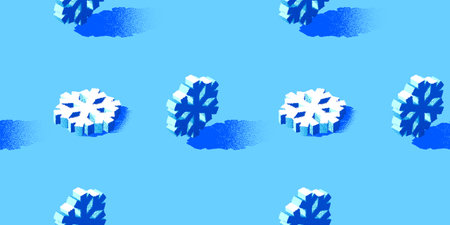 Christmas seamless pattern with 3D snowflakes drawn with dotwork grainy texture. Nostalgic dotted...
