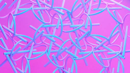 Scientific or technology abstractions with canes, sticks or rods with rings flying in surreal symmetric structure. Abstract background with purple and blue neon tech structureの写真素材