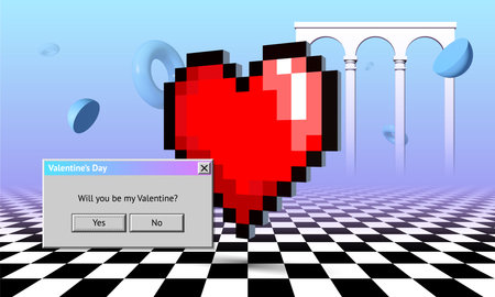 Vaporwave styled Valentines Day greeting card with dialogue window asking romantic question. Pixel...