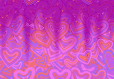 Valentines Day greeting card template or background with hearts and line ornament. Retro fashion hippie psyhedelic design.のイラスト素材