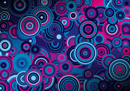 Abstract psychedelic background with circles and lines of various widths in retro optical illusion style.のイラスト素材