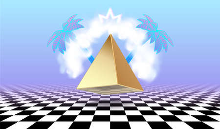 Vaporwave poster with cloud or vapor arch above the golden pyramid, surrounded by tropical palm...