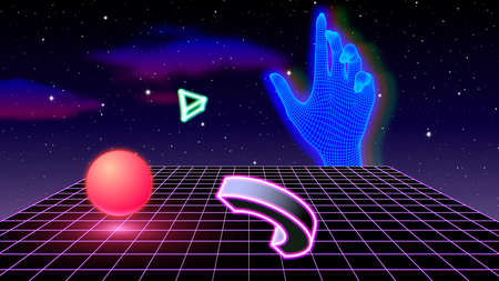 Vaporwave or synthwave abstract concept with glitchy glowing hand, neon shapes and grid floor. 80s...
