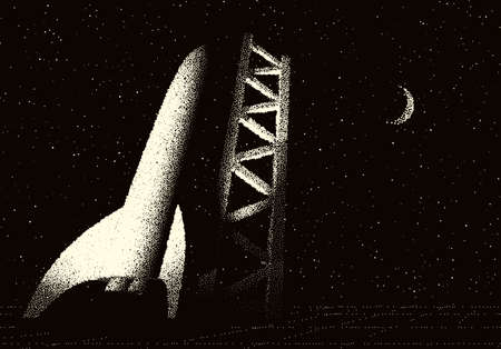 Space rocket ready to start on launching site. Spaceship takeoff countdown illustration with retro dotwork styleのイラスト素材