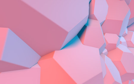 Abstract background with 3D shapes flying in pink and blue light as a messy array or chaotic structure for any pastel colored backdrop. 3D illustrationの写真素材