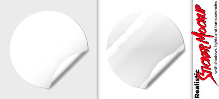 Sticker mockup with glossy reflections or flares. Template ready for your custom design. Shiny sticker with curled corner for special offer and discount.のイラスト素材