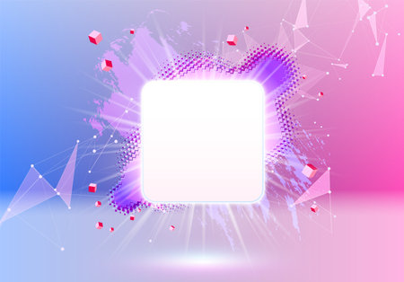 Abstract pink and blue vaporwave styled background with shiny neon frame, brush stroke, halftone blot and  triangular dotted gridのイラスト素材