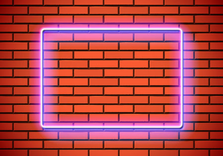 Illustration for Neon frame with square shape on the red brick wall. Classic rectangular 80s styled shiny glowing neon sign - Royalty Free Image