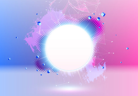 Abstract pink and blue vaporwave styled background with shiny neon frame, brush stroke, halftone blot and triangular dotted gridのイラスト素材