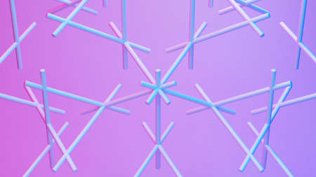 Scientific or technology abstractions with canes, sticks or rods flying in surreal symmetric structure. Abstract background with purple and blue neon tech structure. 3D illustrationの写真素材