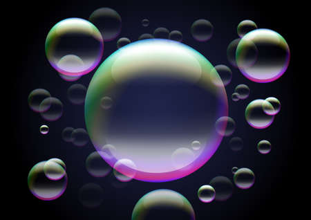 Transparent holographic bubbles on black background for hygiene themed poster or frame.のイラスト素材